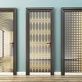 Stylish Swing Doors with Various Geometric Patterns Black Frames Light Blue Walls and Wooden Flooring