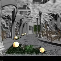 Cave Style Café Interior With White Arched Walls Wooden Tables String Lights And Pebble Floor