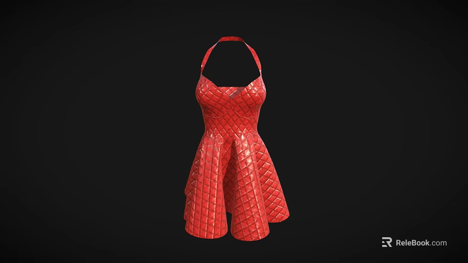 Elegant Red Diamond Quilted Halter Neck Dress with Flared Skirt Style 3d model 