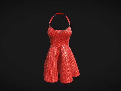 Elegant Red Diamond Quilted Halter Neck Dress with Flared Skirt Style 3d model
