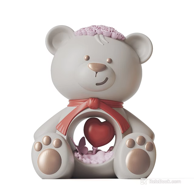 Decorative Teddy Bear Ornament Set With Pink Floral Accent Red Bow Heart And Golden Paws 3d model 