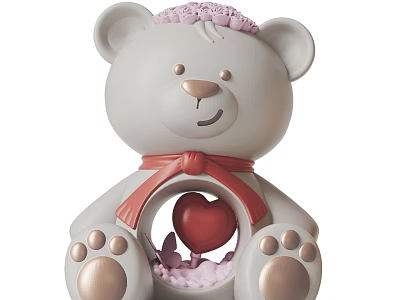 Decorative Teddy Bear Ornament Set With Pink Floral Accent Red Bow Heart And Golden Paws 3d model