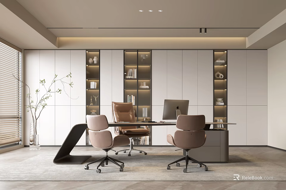 Modern Office Interior With Desk Chairs Bookshelves And Computer Setup 3d model 