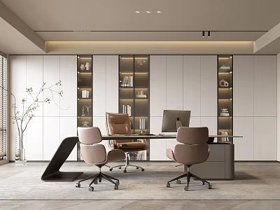 Modern Office Interior With Desk Chairs Bookshelves And Computer Setup 3d model