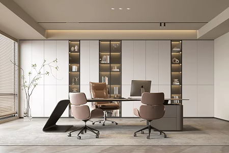 Modern Minimalist Office Ins Style Background Wall Bookcase Office Bookcase Background Wall Solid Wood Office Desk and Chair Combination 3d model