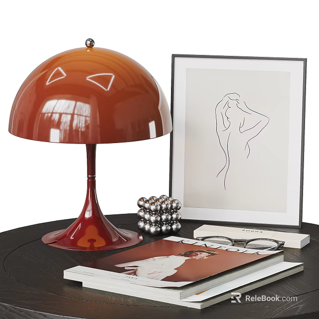 Glossy Red Dome Shaped Table Lamp on Table Featuring Line Drawing Metal Balls and Books 3d model 