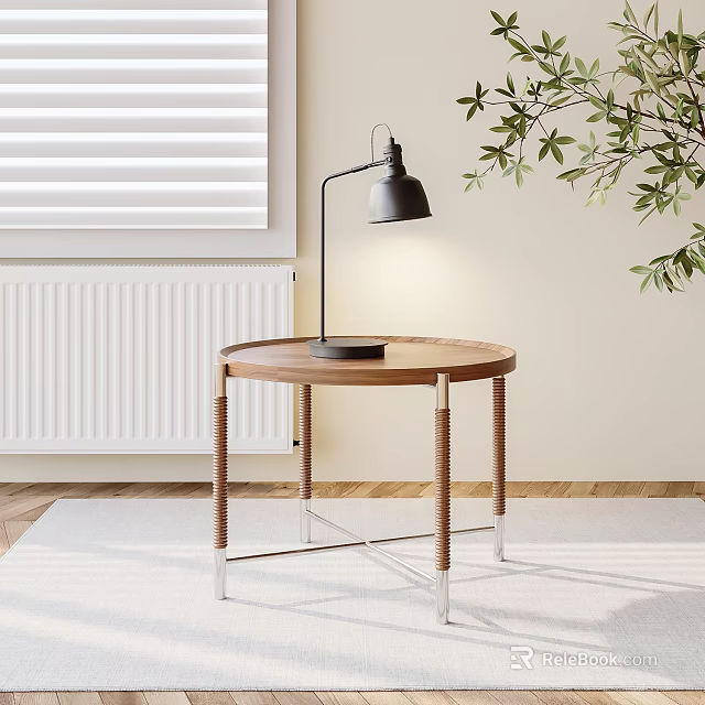 Modern Wooden Side Table with Metal Legs Lamp and Green Plant in Living Room 3d model 