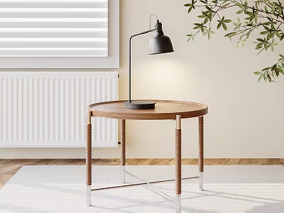 Modern Wooden Side Table with Metal Legs Lamp and Green Plant in Living Room 3d model