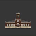 Classical Red Brick Building Featuring Blue Roof Twin Clock Towers Arched Windows And Entrance Steps
