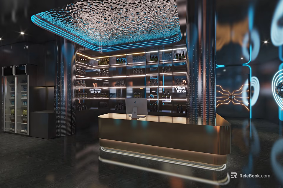 Modern KTV Lounge With Illuminated Ceiling Wine Racks Blue Warm Lighting And Metal Columns 3d model 