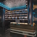 Modern KTV Lounge With Illuminated Ceiling Wine Racks Blue Warm Lighting And Metal Columns