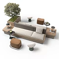 Modern Public Chair Sofa Design With Neutral Tones Small Stools Side Tables And Green Plants