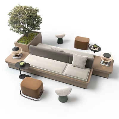 Modern Public Chair Sofa Design With Neutral Tones Small Stools Side Tables And Green Plants 3d model