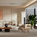 Modern Living Room Interior With Beige Sofa Wooden Armchair Geometric Wall Art And Layered Shelves