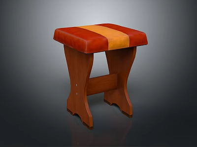 Modern Sofa Stool With Wooden Legs And Red Orange Striped Cushion 3d model