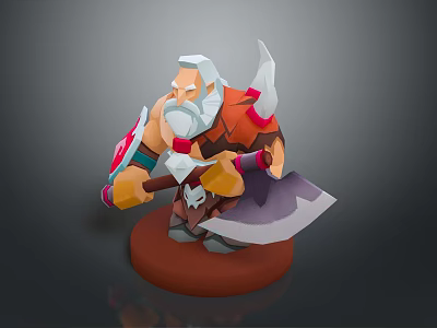 White Bearded Man In Orange Armor Holding Axe And Shield On Red Base 3d model