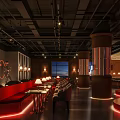 Stylish Bar Interior With Wooden Decor Red Curtains High Stools Armchairs And Pendant Lights