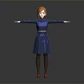 Child with red hair wearing blue dress and orange shoes standing with arms outstretched