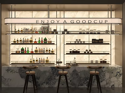 Modern Wine Cabinet With Glass Shelves Various Wine Bottles Marble Countertop And Three Bar Stools 3d model