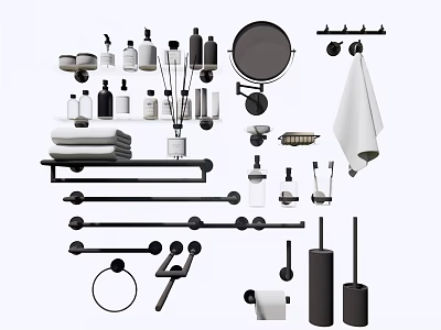 Modern Bathroom Accessories with Black Metal Towel Racks Mirror Soap Dispensers and Holders 3d model
