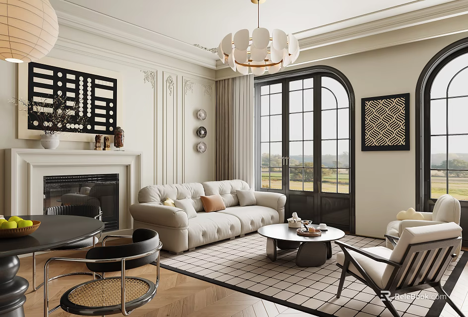 Elegant Modern Living and Dining Room Interior Design With Fireplace Sofa And Large Windows 3d model 