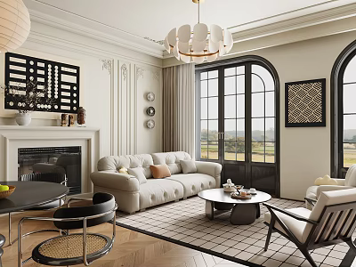 Elegant Modern Living and Dining Room Interior Design With Fireplace Sofa And Large Windows 3d model
