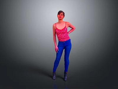 Woman In Red Floral Tank Top Blue Jeans And Black Boots On Gray Background 3d model