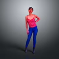 Woman In Red Floral Tank Top Blue Jeans And Black Boots On Gray Background