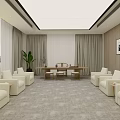 Modern Conference Room With White Sofas Large Screen Charts Green Plants And Landscape Painting