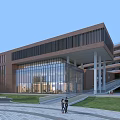 Modern School Building With Glass Facade Brick Exterior Track Field And Green Lawn