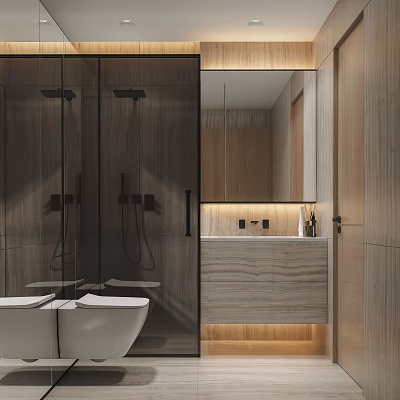Modern Bathroom Interior With Glass Shower Wooden Walls Marble Vanity And Mirror 3d model