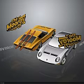 Yellow And White Retro Racing Cars Featuring The Monkey And The Voodoo Logos