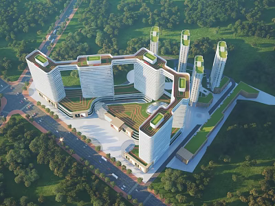 Modern Architectural Complex With Green Roofs And Tall Buildings Surrounded By Trees 3d model
