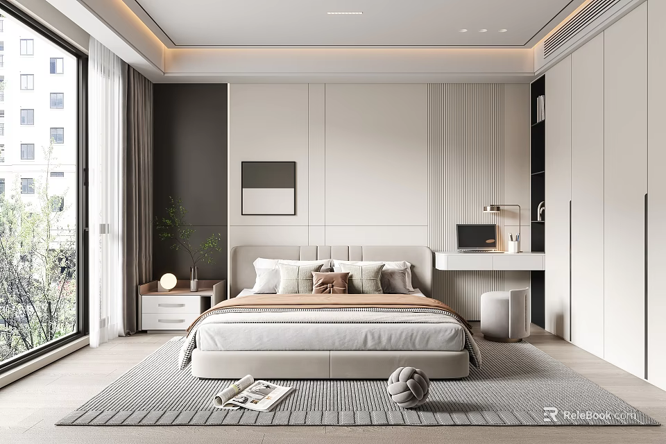 Modern Minimalist Bedroom Interior With Striped Headboard Bed Desk Laptop And Recessed Lighting 3d model 