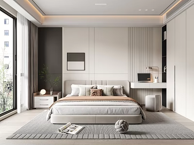 Modern Minimalist Bedroom Interior With Striped Headboard Bed Desk Laptop And Recessed Lighting 3d model
