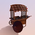 Traditional Street Food Cart With Straw Roof Wooden Structure And Red Lantern