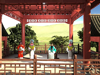 Ancient Architecture Red Pavilion Featuring Wooden Carved Railings and Traditional Costumed People Against Green Hills 3d model