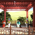 Ancient Architecture Red Pavilion Featuring Wooden Carved Railings and Traditional Costumed People Against Green Hills