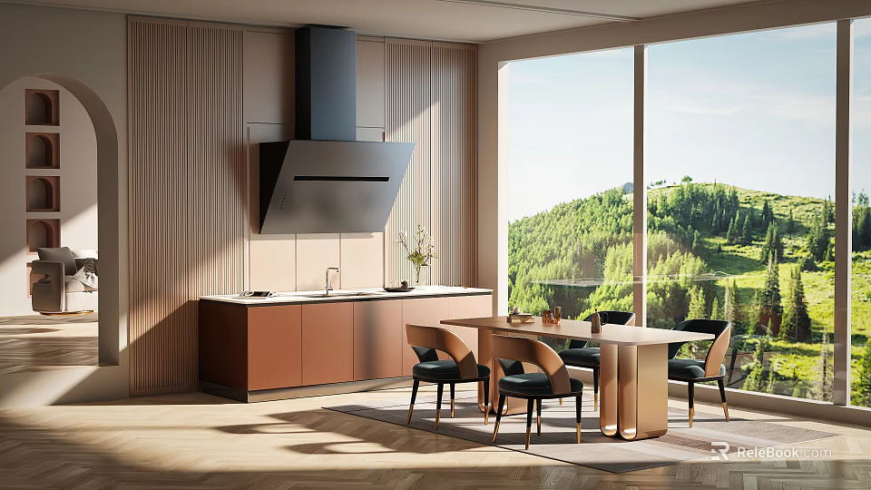 Modern Open Restaurant Interior Featuring Kitchen Dining Table Wooden Cabinets And Mountain View 3d model