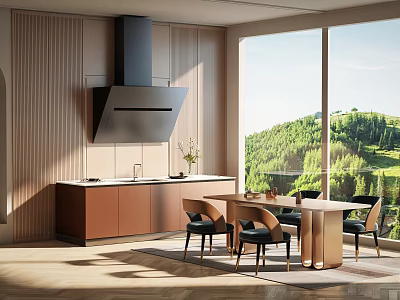 Modern Open Restaurant Interior Featuring Kitchen Dining Table Wooden Cabinets And Mountain View 3d model