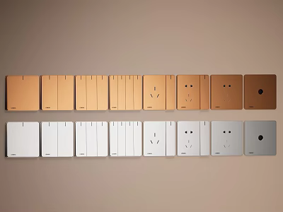 Gold and White Switch Panels Featuring Single Double Socket and Round Designs on Wall 3d model