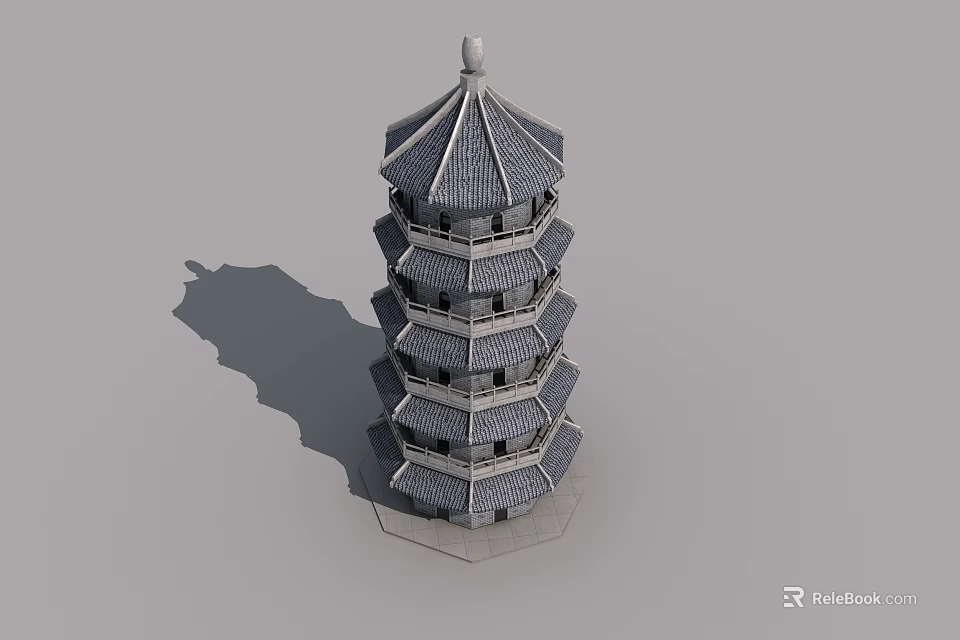 Traditional Multi Layer Pagoda Architecture With Classic Swing Doors And Tile Roof 3d model 