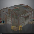 Rustic Metal Shed Structure With Rusted Roof Roll Up Doors And Wooden Crates