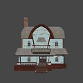 Game and Movie Characters Living in Weathered Blue House With Brown Roof Balcony and Staircase
