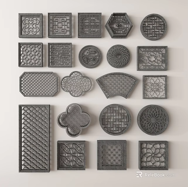 Traditional Lattice Windows with Intricate Carvings Various Shapes and Ornamental Designs 3d model 