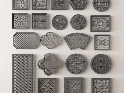 Traditional Lattice Windows with Intricate Carvings Various Shapes and Ornamental Designs 3d model