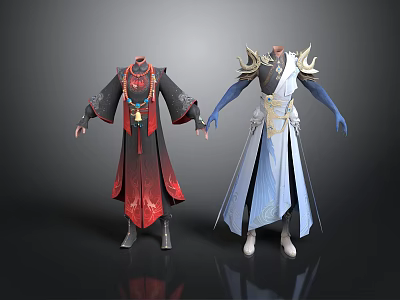 Anime Character Costumes Featuring Red Black Robe And Blue White Armor With Golden Details 3d model