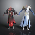 Anime Character Costumes Featuring Red Black Robe And Blue White Armor With Golden Details