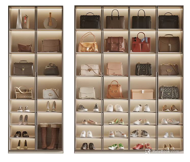 Stylish Display Cabinet with Organized Bags and Shoes on Neat Shelves 3d model 