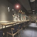 Modern Restaurant Interior With Gray Tiled Walls Hanging Lamps Bar Counter And Dining Tables